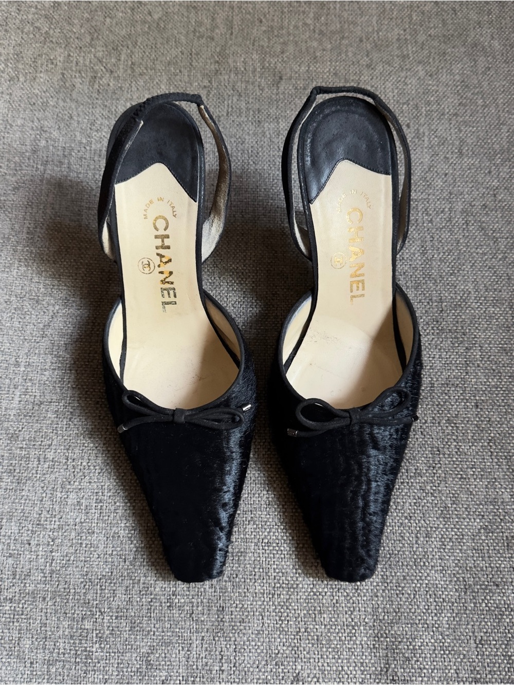 Vintage Chanel black pony hair slingback heels